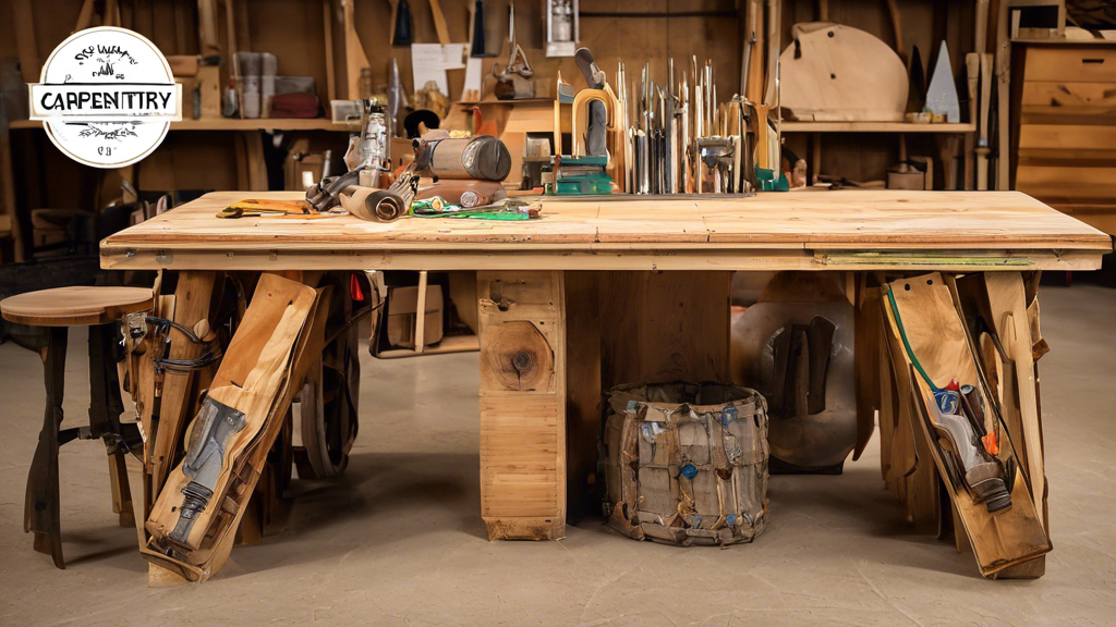 Create an image of a carpentry workshop filled with unique and creative upcycled projects made from recycled materials. Show a variety of items such as tables, shelves, and decorative pieces that have been transformed into beautiful and functional pi