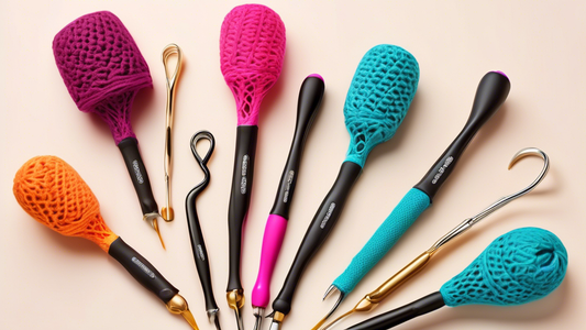 Create an image of various crochet hooks with different ergonomic grips that are designed to provide comfort and reduce hand strain while crocheting. Each grip should be uniquely styled and annotated to highlight its benefits for users with condition