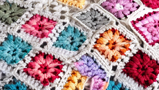 Create an image showing a step-by-step guide on crocheting granny squares for beginners. Start with selecting yarn and a crochet hook, then demonstrate the process of creating the first loop, followed by double crochets for each corner. Finally, show