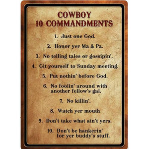 Tin Sign Warning-Cowboy 10 Commandment, Size 12" x 17"