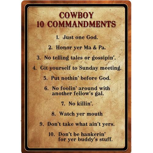 Tin Sign Warning-Cowboy 10 Commandment, Size 12