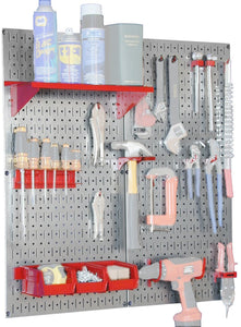 Metal Pegboard Utility Tool Storage Kit with Accessories - Metallic Galvanized/Red