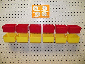 16 PACK 1/4&quot; HOLE Peg Board Workbench Bins (6) Red bins and (6) Yellow bins PLASTIC Plus (4) Tool holders FITS WOODEN PEGBOARDS (PEGBOARD NOT INCLUDED)