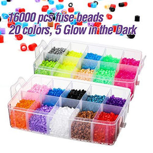 16000 Fuse Bead Kit-20 Color(5 Glow in The Dark),Small Iron,Full Size Pattern,Tweezers, Peg Boards, Ironing,Paper,Perler Beads Compatible