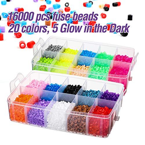 16000 Fuse Bead Kit-20 Color(5 Glow in The Dark),Small Iron,Full Size Pattern,Tweezers, Peg Boards, Ironing,Paper,Perler Beads Compatible