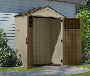 Order now suncast 6 x 3 everett storage shed outdoor storage for backyard tools and accessories all weather resin material transom windows and shingle style roof wood grain texture