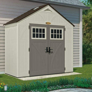 Budget friendly suncast 4 x 8 tremont storage shed with windows outdoor storage for backyard tools and accessories all weather resin material transom windows and shingle style roof