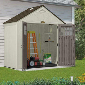 Buy suncast 4 x 8 tremont storage shed with windows outdoor storage for backyard tools and accessories all weather resin material transom windows and shingle style roof