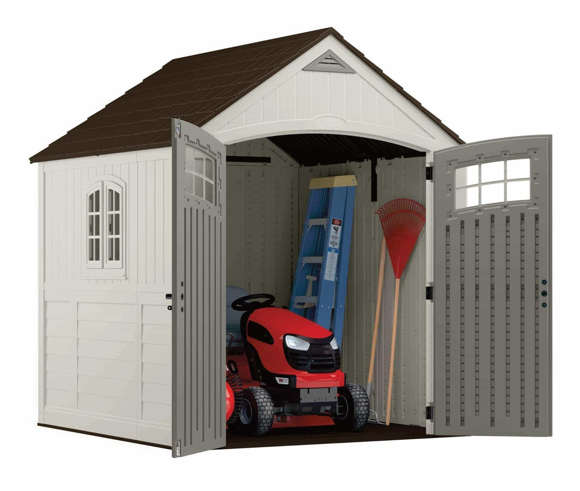 Top suncast 7 x 7 cascade storage shed outdoor storage for backyard tools and accessories all weather resin material transom windows and shingle style roof