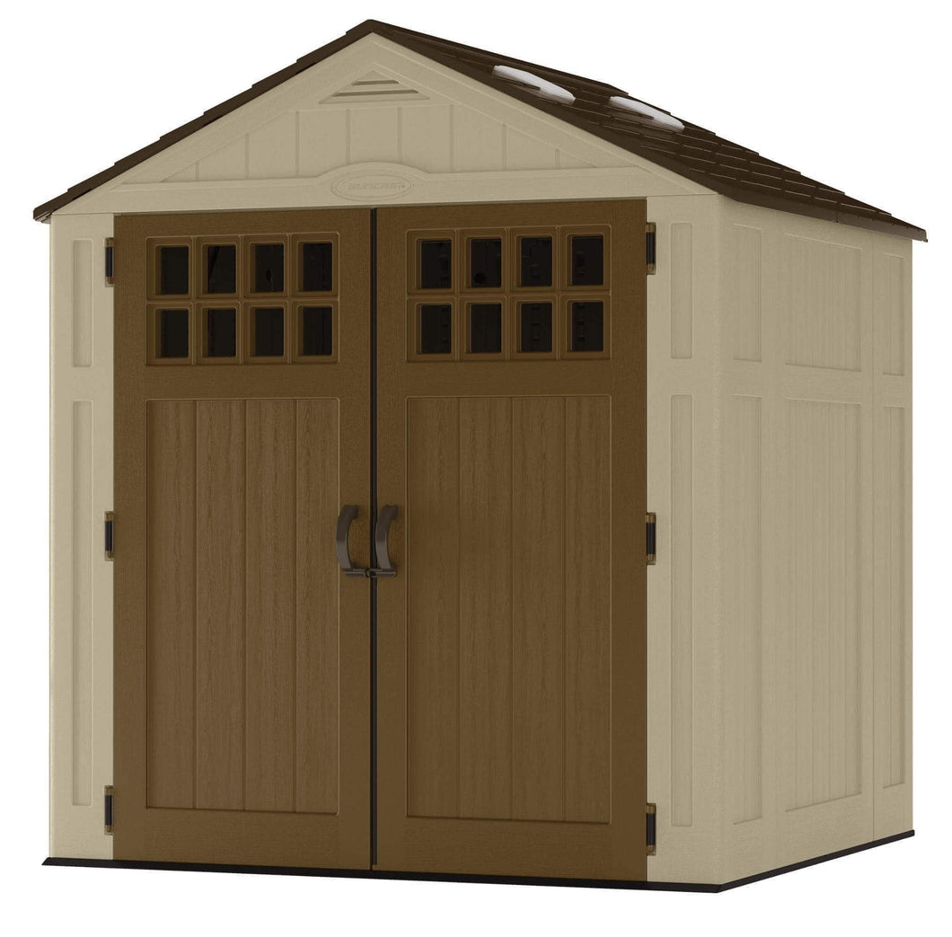 On amazon suncast 6 x 5 everett storage shed outdoor storage for backyard tools and accessories all weather resin material transom windows and shingle style roof wood grain texture