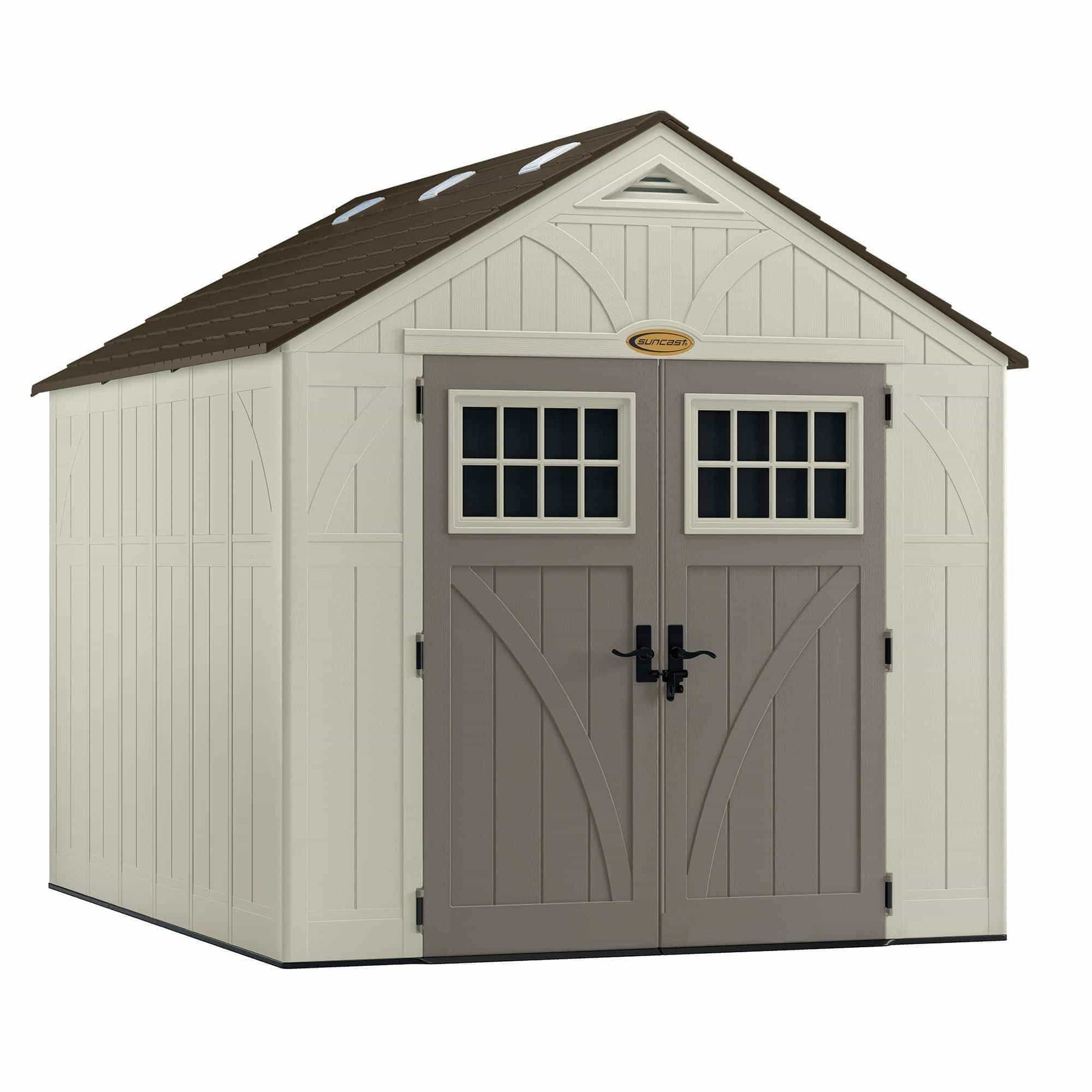 Products suncast 8 x 10 tremont storage shed outdoor storage for backyard tools and accessories all weather resin material transom windows and shingle style roof