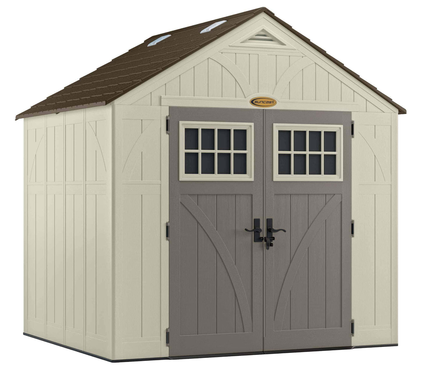 Buy now suncast 8 x 7 tremont storage shed with windows outdoor storage for backyard tools and accessories all weather resin material transom windows and shingle style roof