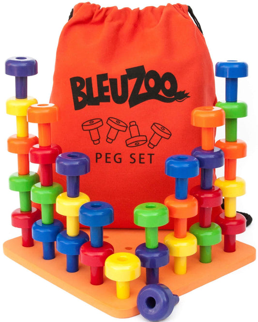 BleuZoo Peg Board Set - Montessori Stacking Toys For Toddlers | Fine Motor Skills, STEM, Autism, Educational, Speech Occupational Therapy, Colors Building - Preschool Activities | 30 Pegs, Board & Bag