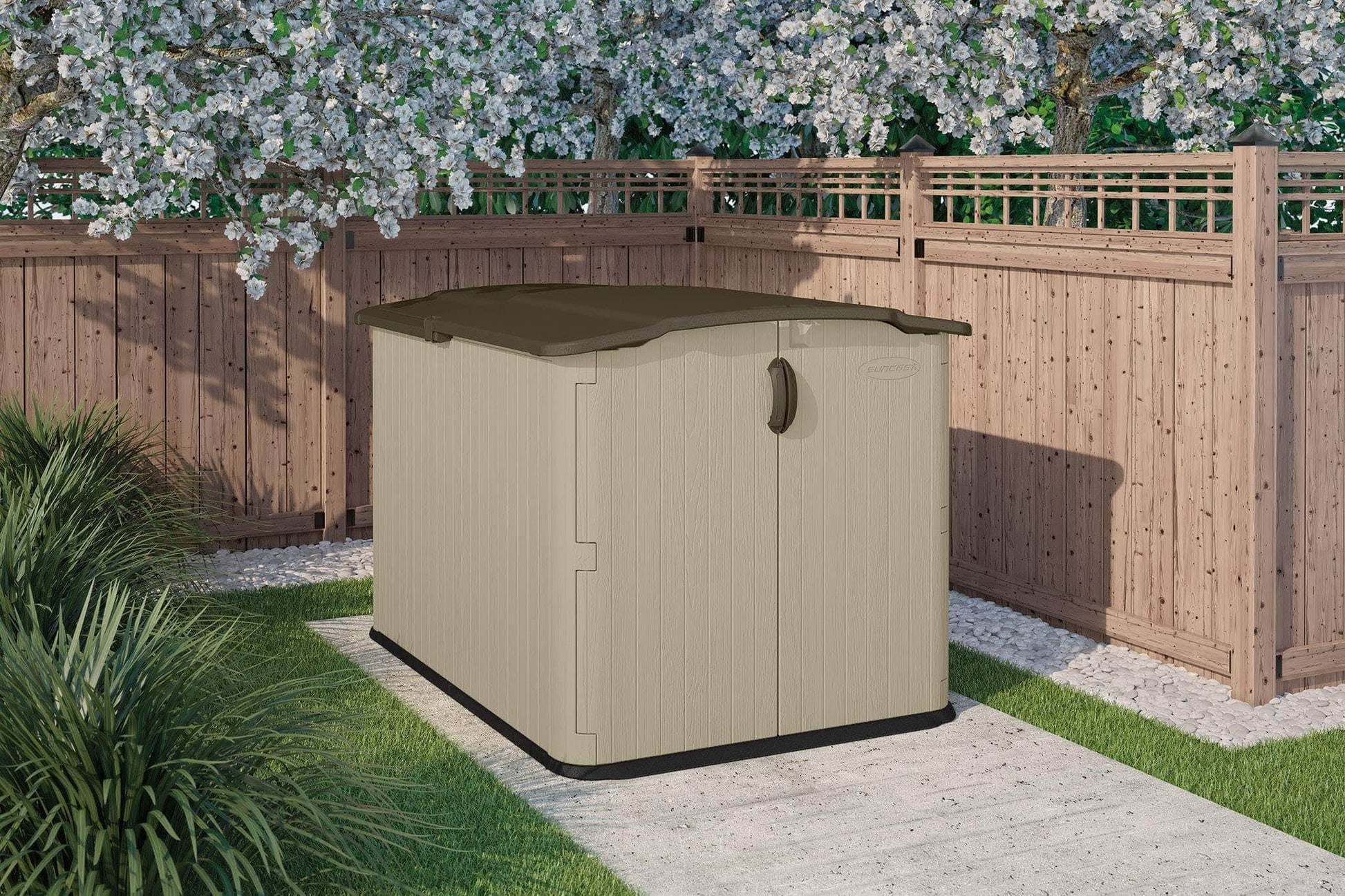 Try suncast glidetop slide lid shed outdoor storage shed with walk in access for backyards lockable storage for bikes mowers and patio furniture