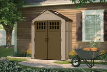 Load image into Gallery viewer, Products suncast 6 x 3 everett storage shed outdoor storage for backyard tools and accessories all weather resin material transom windows and shingle style roof wood grain texture
