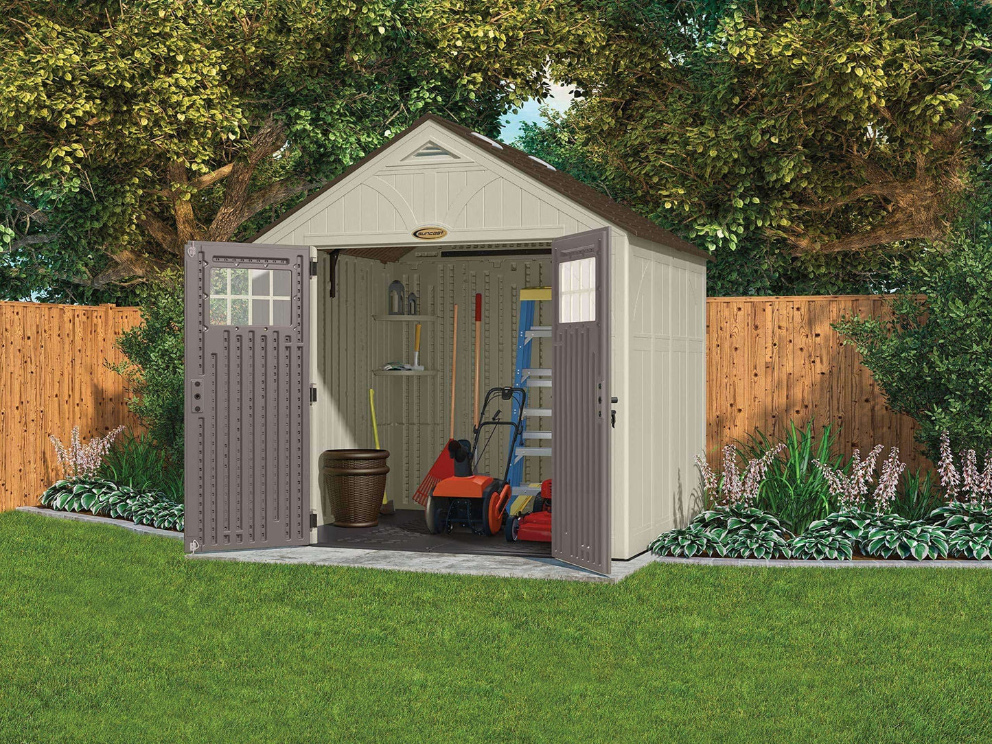 Exclusive suncast 8 x 7 tremont storage shed with windows outdoor storage for backyard tools and accessories all weather resin material transom windows and shingle style roof