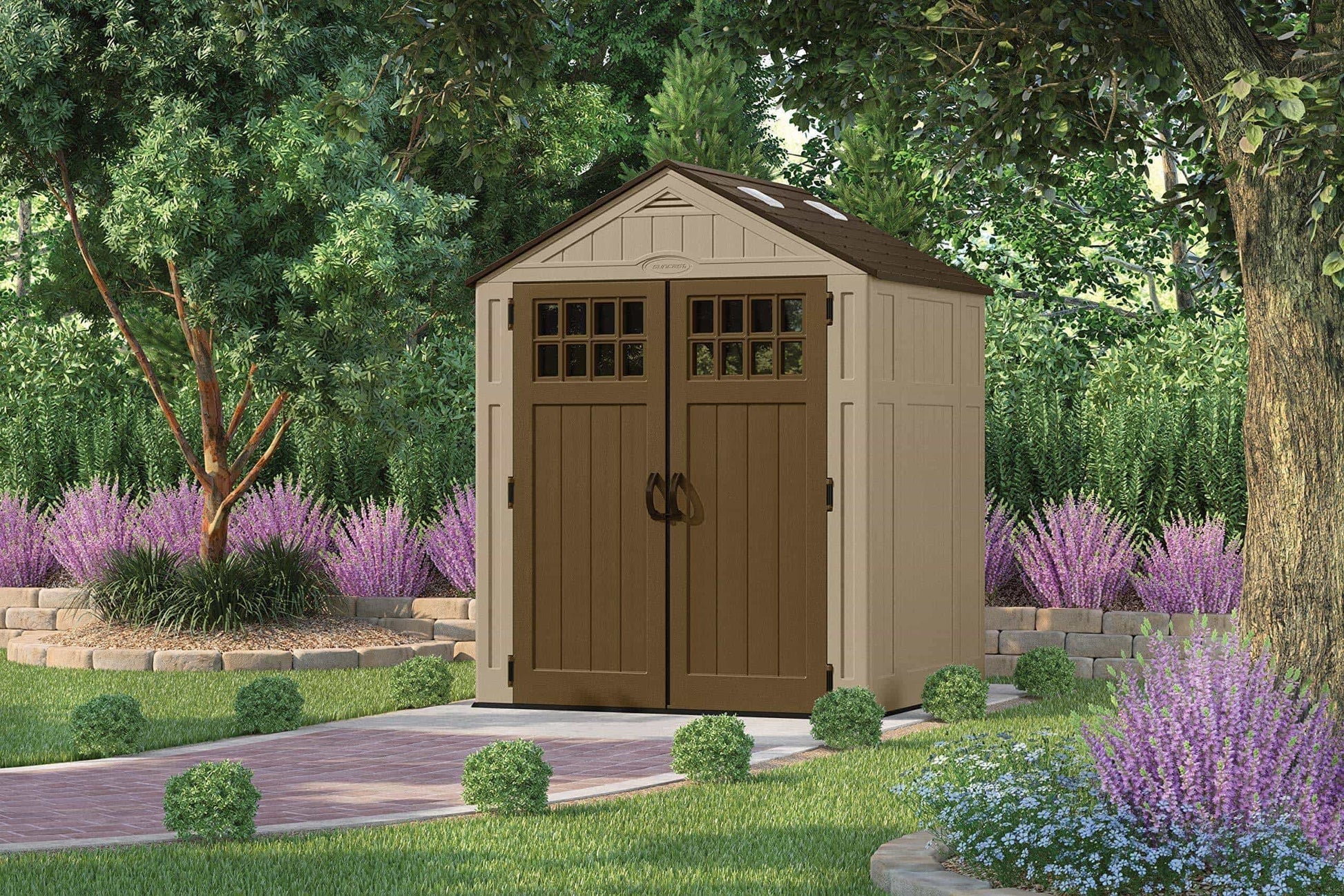 Related suncast 6 x 5 everett storage shed outdoor storage for backyard tools and accessories all weather resin material transom windows and shingle style roof wood grain texture