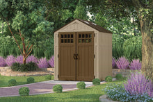 Load image into Gallery viewer, Related suncast 6 x 5 everett storage shed outdoor storage for backyard tools and accessories all weather resin material transom windows and shingle style roof wood grain texture