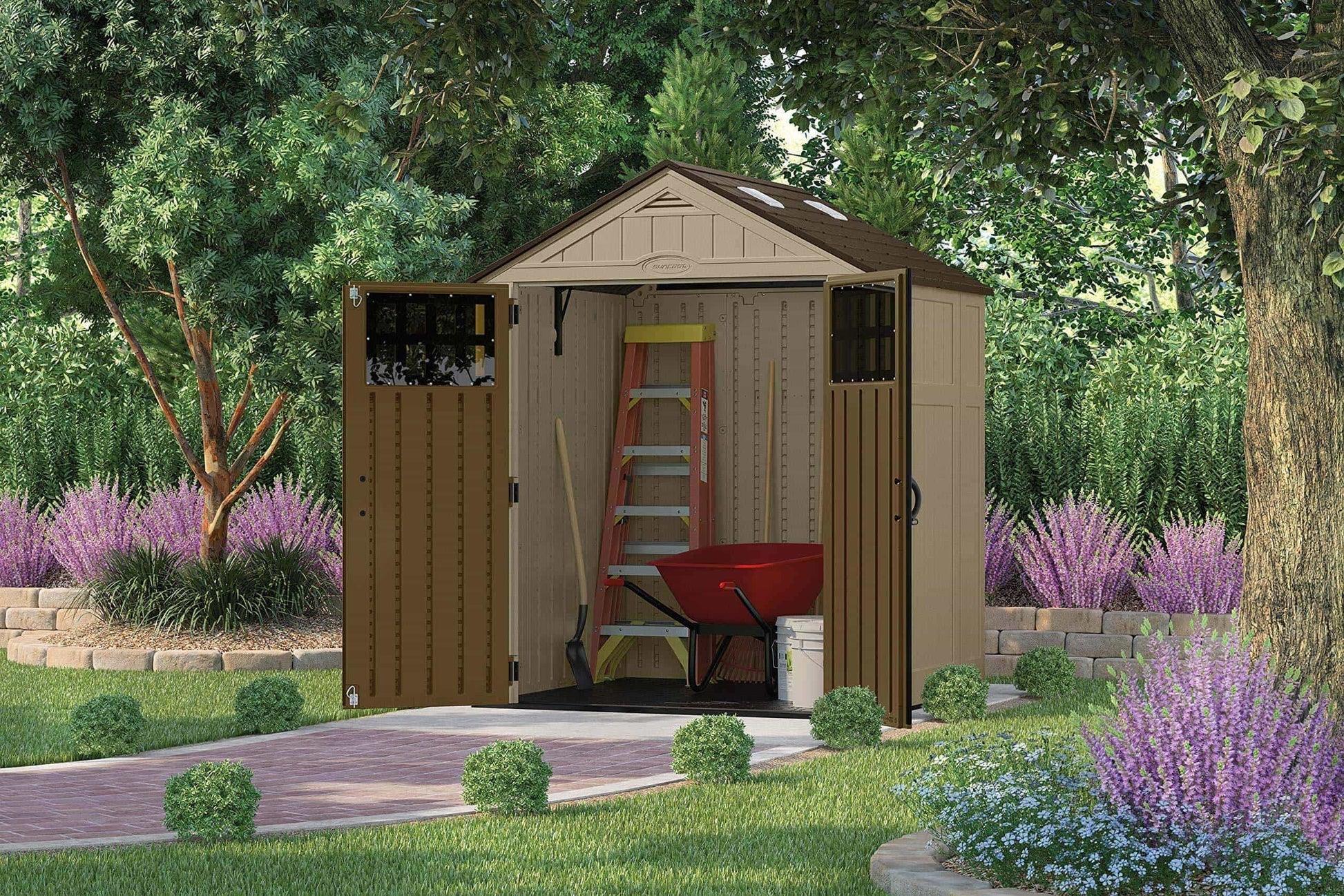 Purchase suncast 6 x 5 everett storage shed outdoor storage for backyard tools and accessories all weather resin material transom windows and shingle style roof wood grain texture